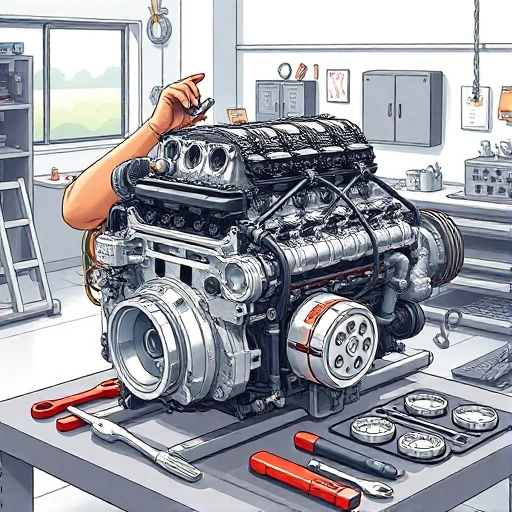 A detailed illustration of a car engine being overhauled in a professional garage, showing a mechanic disassembling the engine block, inspecting pistons, replacing gaskets, and cleaning components with tools laid out neatly on a workbench, soft natural lighting from a window, realistic style, no text or labels