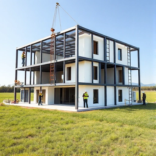 A modern, rapidly assembled building without a foundation, featuring modular steel frame structure, insulated wall panels, and a flat roof, situated on a flat grassy field under clear daylight, with construction workers in safety gear assembling components using cranes and bolts, emphasizing speed and simplicity of installation, realistic architectural rendering, high detail, clean lines, no visible foundation or excavation