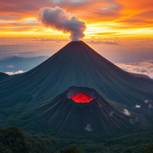 A majestic volcanic mountain with a glowing crater, surrounded by lush green forests and misty valleys, under a dramatic sunset sky with warm orange and purple hues, smallHQ style