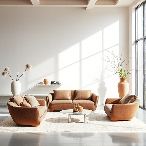 A modern interior featuring original designer sofas and vases, showcasing unique shapes, high-quality materials, and artistic details; the sofas are sculptural with bold forms and premium upholstery, the vases are avant-garde in ceramic or glass with organic or geometric designs, arranged harmoniously in a bright, minimalist living space with natural light, neutral tones, and subtle textures