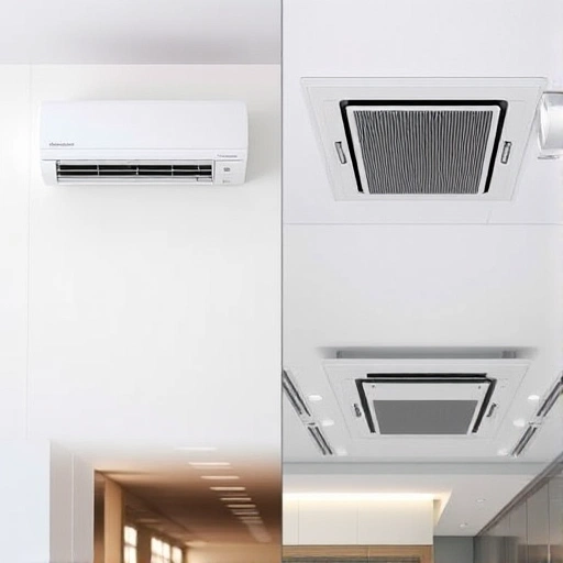 A side-by-side comparison of a wall-mounted air conditioner and a cassette air conditioner installed in a modern office or home interior, showing the wall unit mounted high on a wall and the cassette unit recessed into a suspended ceiling, both emitting cool air, with clean lines, neutral colors, and realistic lighting, no text or labels visible