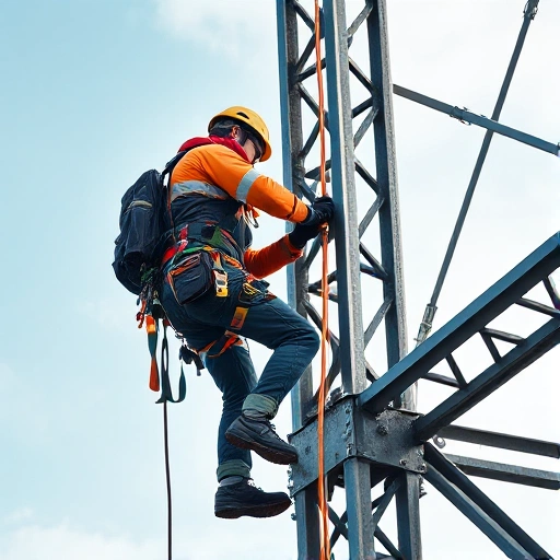 A professional industrial climber in safety gear performing high-altitude work on a steel structure against a clear sky, with ropes, harness, and tools visible, realistic lighting, detailed textures, no text or symbols