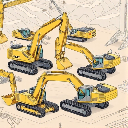 A detailed illustration of various types of crawler excavators in a construction site setting, showing different models with varying bucket sizes, track configurations, and boom arrangements, rendered in a clean, technical smallHQ style with precise linework and muted industrial colors, no text or labels visible
