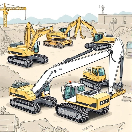 A detailed illustration of various types of tracked excavators in a construction site setting, showing different models with varying bucket sizes, boom configurations, and undercarriage designs, rendered in a clean, technical smallHQ style with precise linework and muted industrial colors, no text or labels visible