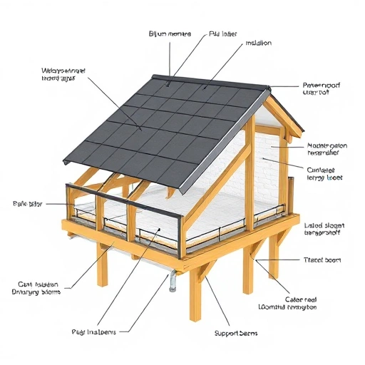 A detailed illustration of a balcony roof structure showing four key features: waterproofing layer, insulation, drainage system, and structural support beams, viewed in cross-section with clear labels and realistic materials like bitumen membrane, foam insulation, PVC gutters, and wooden or steel rafters, all rendered in a clean, technical smallHQ style