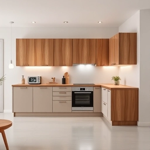A modern kitchen set with sleek cabinets, a wooden countertop, integrated appliances, and soft ambient lighting, displayed in a clean, minimalist interior with neutral tones and natural wood accents