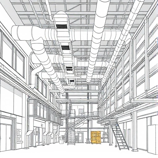 A detailed technical illustration of engineering systems in an industrial building, showing HVAC ducts, electrical conduits, plumbing pipes, and structural supports integrated within a modern factory interior, with clean lines, labeled components in a schematic style, and a neutral color palette emphasizing functionality and precision