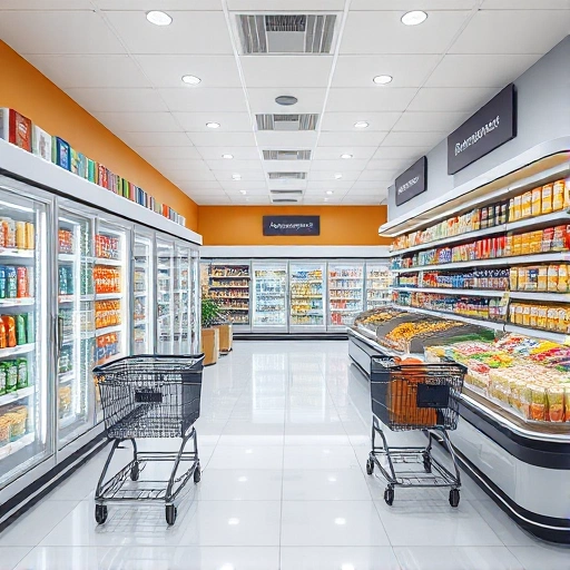 A modern supermarket interior with organized shelves displaying packaged goods, refrigerated display cases with fresh produce and dairy, checkout counters with scanners and bags, shopping carts near the entrance, bright LED lighting, clean linoleum flooring, and subtle signage in Russian indicating sections like 'Бакалея', 'Молочные продукты', 'Овощи и фрукты' — all rendered in a clean, realistic, high-detail style suitable for commercial equipment visualization
