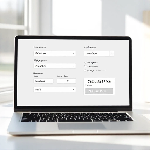 A modern, clean, and minimalist interface of an online PVC window price calculator on a laptop screen, showing input fields for window dimensions, profile type, glazing options, and hardware, with a prominent 'Calculate Price' button and a real-time price display in Russian rubles, soft natural lighting, flat design, high detail, no text or numbers visible on screen except UI elements