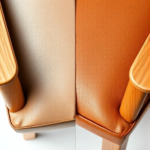 A side-by-side comparison of eco-leather and natural leather furniture upholstery samples on a clean white background, showing texture, color variation, and material details — eco-leather on the left with a slightly uniform, smooth finish and subtle synthetic sheen, natural leather on the right with visible grain patterns, natural imperfections, and warm organic tones; both samples are placed on identical wooden furniture frames (e.g., armchair corners) to highlight realism and quality, soft nat