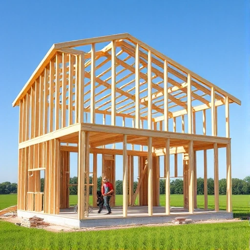 A modern wooden frame house under construction, showing the structural skeleton with vertical studs, horizontal beams, and diagonal bracing, surrounded by a green field under a clear blue sky, with tools and materials neatly arranged nearby, realistic architectural visualization, smallHQ style
