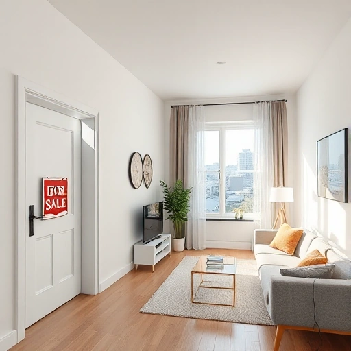 A modern 2-room apartment interior showing one room being purchased, with a 'For Sale' sign on the door of one room, a cozy living area in the other room, natural light from windows, minimalist furniture, neutral color palette, realistic architectural details, no people visible