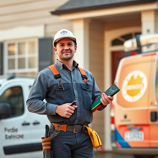 A professional electrician in a work uniform standing near a residential house, holding tools like a screwdriver and multimeter, with a service van parked nearby, warm daylight, realistic details, focus on the electrician and house entrance