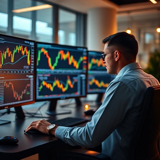 A professional trader analyzing Forex charts on multiple monitors in a modern office, with glowing candlestick patterns, currency pairs like EUR/USD and GBP/JPY visible on screens, subtle golden light suggesting insight and success, minimalist and clean aesthetic