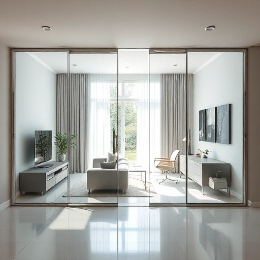 A modern interior featuring elegant glass room dividers with minimalist metal frames, separating a living area from a home office, natural daylight streaming through, sleek flooring, neutral color palette, no visible furniture blocking the view of the partitions, high detail, photorealistic