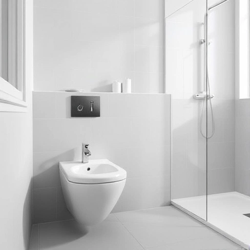 A modern bathroom featuring Kolo brand sanitary ware, including a sleek white toilet, a minimalist wall-mounted sink with chrome faucet, and a frameless glass shower enclosure, all arranged in a clean, well-lit space with light gray tiles and soft natural lighting from a nearby window