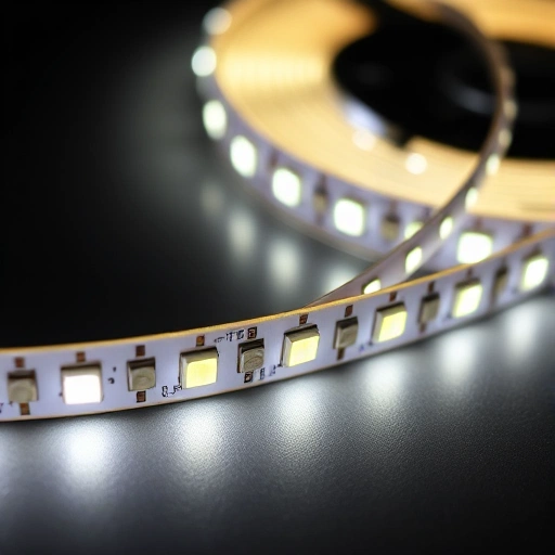 A close-up of a flexible LED strip light glowing with soft white light, showing individual LED chips and circuitry on a dark background, emphasizing the texture and technology of the LED tape
