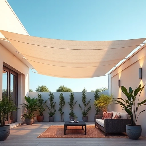 A modern outdoor patio with a white fabric awning (marquise) extended over a seating area with wicker furniture, potted plants, and soft ambient lighting, clear blue sky, minimalist design, high detail, photorealistic