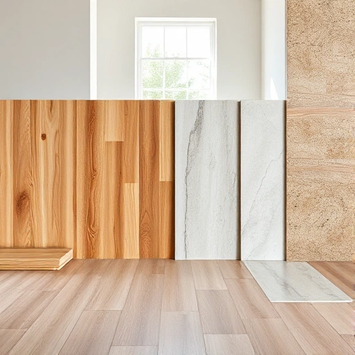 A modern interior with various types of flooring materials displayed side by side: parquet wood, ceramic tile, laminate, vinyl plank, and natural stone, arranged in a clean, well-lit room with neutral walls and soft daylight from a window, showing texture and detail of each material