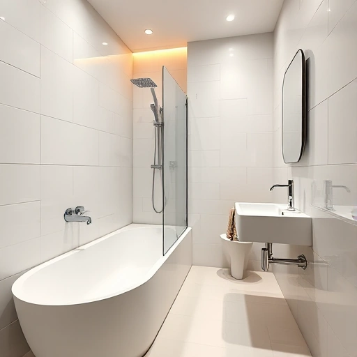 A modern bathroom renovation in an apartment, featuring sleek white tiles, a freestanding bathtub, a wall-mounted sink with chrome faucet, a frameless glass shower enclosure, warm ambient lighting, and minimalist decor — all reflecting the professional quality of 'АСК Триан' renovation services