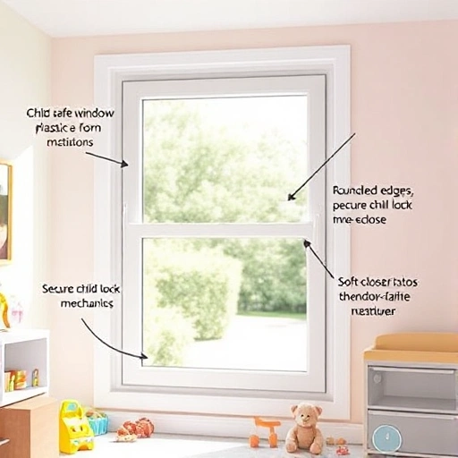 A child-safe plastic window with rounded edges, secure child lock mechanism, and soft-close feature, installed in a bright, modern children's bedroom with pastel walls and toys nearby, viewed from inside the room, natural daylight, no visible hazards