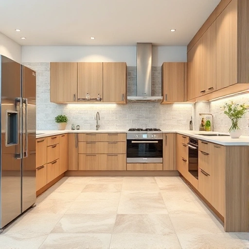 A modern kitchen interior with a focus on stylish ceramic tiles on the floor and backsplash, featuring neutral tones like beige, gray, and white with subtle geometric patterns, natural wood cabinets, stainless steel appliances, and soft ambient lighting, highlighting current 2019 kitchen design trends