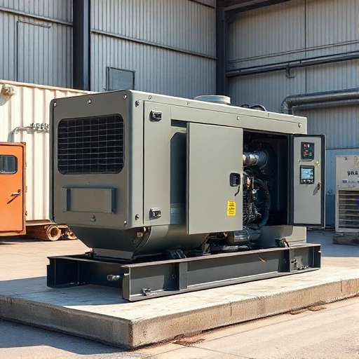 A realistic depiction of a diesel generator in an industrial setting, showing a robust metal enclosure with visible exhaust pipe, fuel tank, and control panel, placed on a concrete pad with slight wear and tear, under natural daylight, no people, no text, no logos, no digital screens displaying readable content