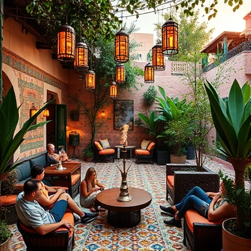 A cozy outdoor lounge area with colorful mosaic tiles, hanging lanterns, and low seating where people are relaxing and smoking hookah, surrounded by lush greenery and desert-inspired architecture, warm golden hour lighting, no text or signs visible