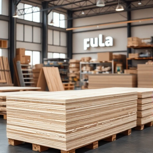 A stack of high-quality plywood sheets in a modern hardware store in Tula, Russia, with visible wood grain texture, neatly arranged on pallets, soft natural lighting from large windows, subtle store signage in Cyrillic indicating 'Тула' in the background, no people, no text on the plywood, clean and professional atmosphere