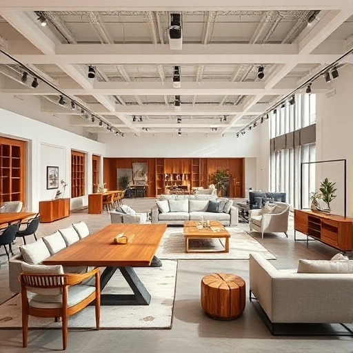 A modern Chinese furniture showroom with elegant sofas, wooden dining sets, and minimalist decor, featuring natural lighting and high-end materials, showcasing contemporary Asian design aesthetics