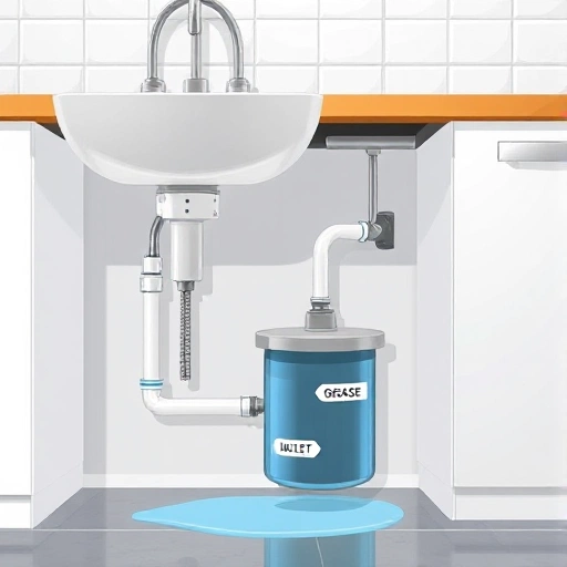 A modern kitchen with a grease trap installed under the sink, showing clean pipes, water flow, and a visible grease trap unit with labeled inlet and outlet, in a realistic, well-lit, smallHQ style illustration