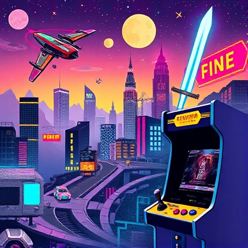 A vibrant collage of iconic computer game elements: a retro pixelated spaceship, a futuristic cyberpunk cityscape with neon signs, a fantasy sword glowing with magic, a first-person shooter HUD overlay, and a classic arcade cabinet with joystick and buttons, all blending seamlessly in a dynamic, energetic composition
