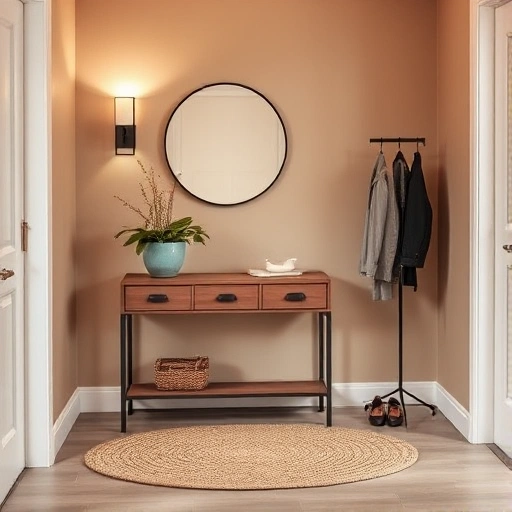 A stylish and inviting entrance hall with a modern console table, a round mirror above it, a small potted plant, a woven rug, and soft ambient lighting from a wall sconce. The walls are painted in a warm neutral tone, and there is a coat rack with a few minimalist jackets and a pair of elegant shoes neatly placed. The atmosphere is welcoming, clean, and thoughtfully designed.