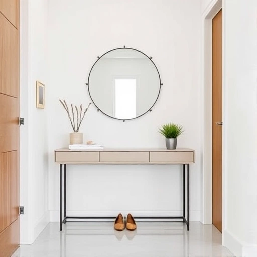 A modern, well-lit hallway with a stylish entryway featuring a sleek console table, a round mirror, a pair of minimalist shoes, and a small potted plant, all arranged neatly in a contemporary interior design setting, emphasizing functionality and aesthetic appeal for a home entryway