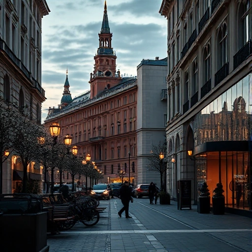 A sophisticated urban evening scene in Moscow with elegant architecture, soft street lighting, and a subtle sense of refined leisure — no people, no text, no explicit content, just atmospheric ambiance suggesting upscale urban relaxation