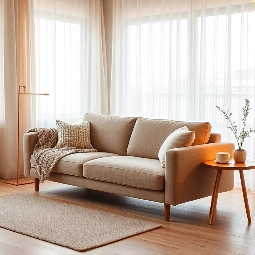 A cozy, inviting sofa as the centerpiece of a modern living room, soft fabric upholstery in warm neutral tones, surrounded by subtle ambient lighting, a knitted throw blanket draped over one armrest, a small wooden side table with a ceramic mug and a potted succulent, light wooden flooring, large window with sheer curtains letting in natural daylight, minimalist Scandinavian interior design, warm and peaceful atmosphere