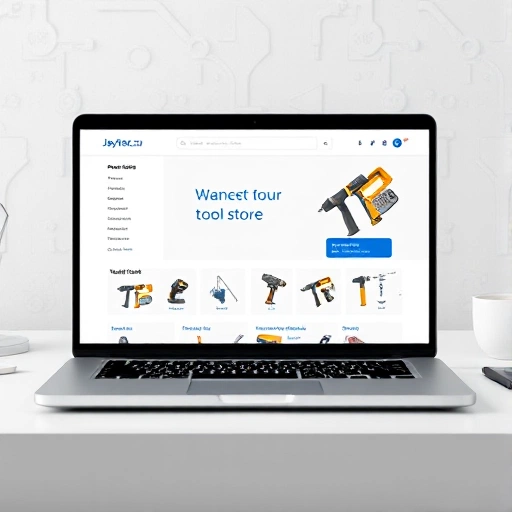 A modern, clean, and professional website interface for an online tool store named JeyTex.ru, displayed on a laptop screen. The design features a minimalist layout with a white and blue color scheme, clear product categories like 'Power Tools', 'Hand Tools', 'Measuring Instruments', and 'Safety Gear', high-quality product images with prices and 'Add to Cart' buttons, a search bar at the top, and a visible logo 'JeyTex.ru' in the header. The background is a light gray desk with a coffee cup and n