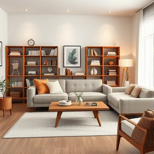 A cozy modern living room with a comfortable sofa, wooden coffee table, bookshelf with books and decor, soft ambient lighting, neutral color palette with warm accents, minimalist design, high detail, photorealistic