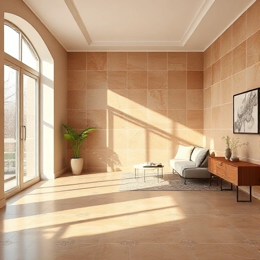 A modern interior featuring Italian ceramic tiles in a Moscow apartment, showing elegant flooring and wall tiles with classic Mediterranean patterns in warm beige and terracotta tones, natural sunlight through large windows, minimalist furniture, high-quality realistic rendering