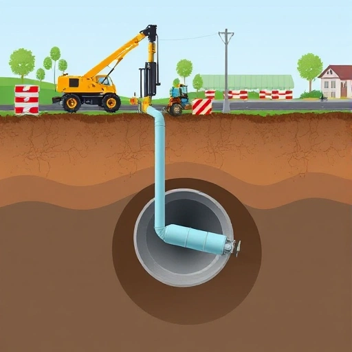 A modern underground pipeline installation using trenchless technology, showing a horizontal directional drilling rig on the surface, a flexible pipe being pulled through a borehole beneath the ground, soil layers visible in cross-section, construction workers monitoring equipment, safety barriers, and minimal surface disruption, all in a realistic, detailed engineering illustration style