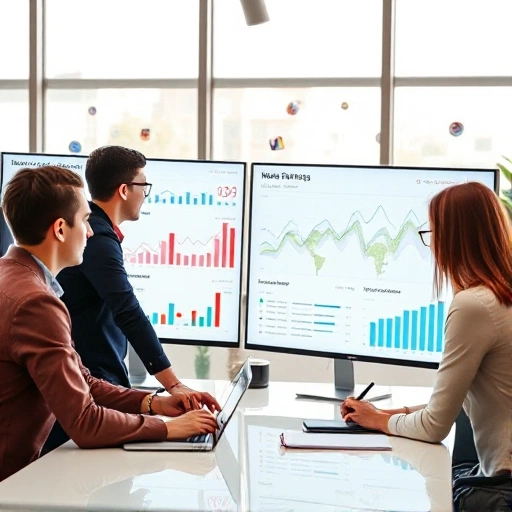 A modern digital marketing team collaborating in a bright office, analyzing website analytics on large screens, with charts showing traffic growth, SEO keywords, and conversion rates, subtle icons of search engines and social media in the background, professional and clean aesthetic