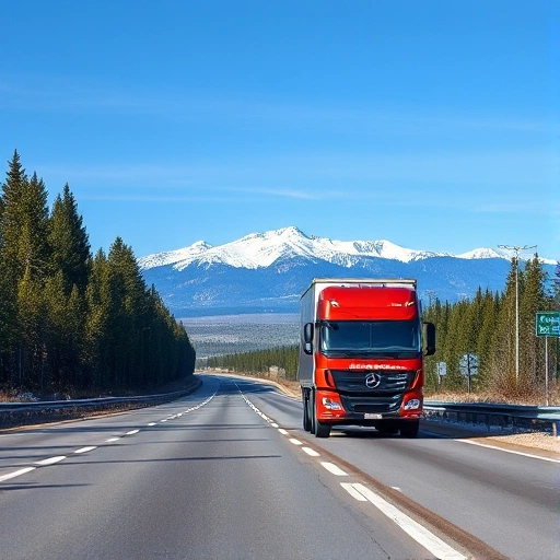 A modern cargo truck driving on a highway toward the town of Severobaikalsk, surrounded by Siberian taiga forest and distant snow-capped mountains under a clear blue sky, with a visible delivery logo on the truck side and a small road sign indicating 'Severobaikalsk' ahead, realistic style, high detail, daytime lighting