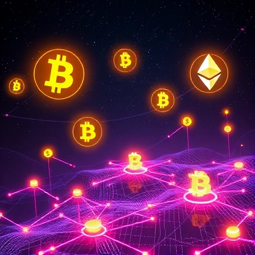 A futuristic digital landscape featuring glowing blockchain nodes, floating golden cryptocurrency symbols like Bitcoin and Ethereum, interconnected by neon light circuits, set against a dark starry sky with subtle grid patterns, conveying innovation and decentralization, no text or labels