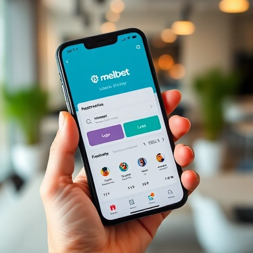 A modern smartphone screen displaying the Melbet app interface with visible login and registration buttons, sports betting icons, and a clean user-friendly design, held in a person's hand against a blurred indoor background with soft lighting