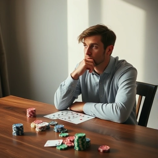 A thoughtful person sitting at a wooden table with a deck of cards and casino chips, looking contemplative, soft natural lighting, minimalist interior, muted colors, no text or symbols visible