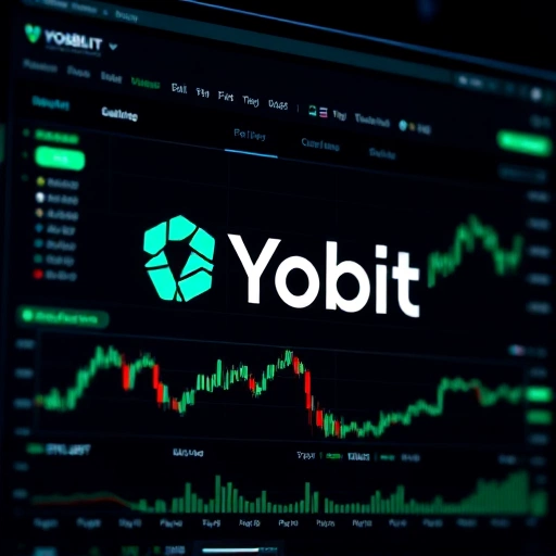 A modern cryptocurrency exchange interface with the Yobit logo prominently displayed, showing real-time trading charts, digital asset pairs like BTC/USDT and ETH/BTC, sleek dark-themed UI with glowing green and blue accents, futuristic financial technology aesthetic, high detail, professional trading platform visualization