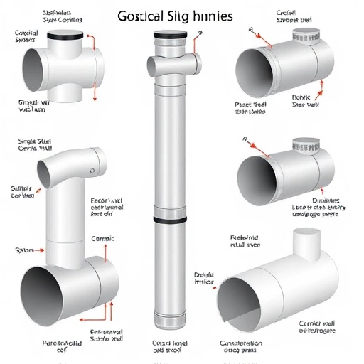 A clean, detailed illustration of various types of gas boiler flues (chimneys) used in residential heating systems, including coaxial, single-wall, and double-wall designs, shown in cross-section or side view with labels indicating materials (stainless steel, ceramic, plastic), proper installation angles, and connections to the boiler and exterior wall or roof. Include subtle visual cues for correct draft and ventilation, such as airflow arrows and condensation drainage points. Background is a n