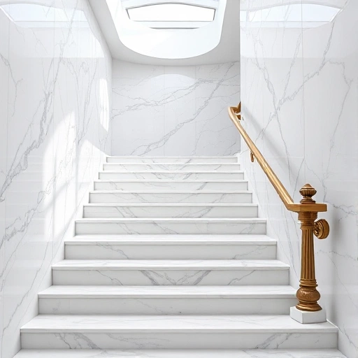 A luxurious marble staircase with elegant curves, polished white and gray veined marble steps, ornate bronze handrail, soft natural lighting from a skylight above, minimalist interior design, high detail, photorealistic