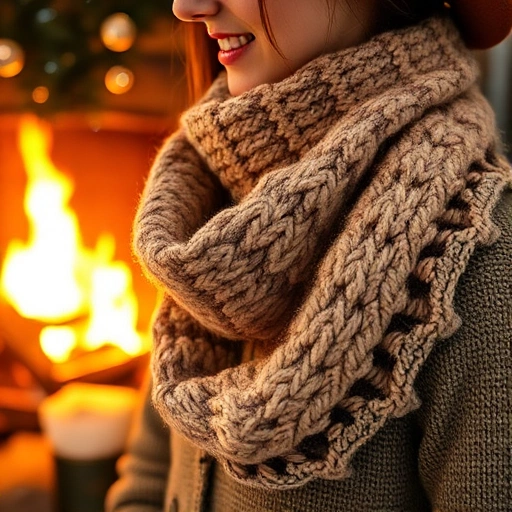 A cozy winter scene featuring a person wearing a stylish knitted scarf made from soft yarn, standing near a fireplace or in a snowy outdoor setting, with warm lighting and textured fabric details highlighting the scarf's pattern and warmth