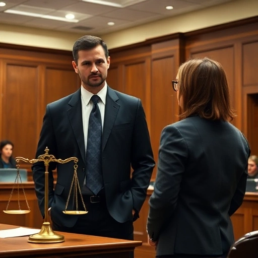 A professional courtroom scene with a confident defense lawyer in a dark suit standing beside a client, both facing a judge's bench, legal documents and scales of justice visible, solemn and dignified atmosphere, realistic lighting, high detail